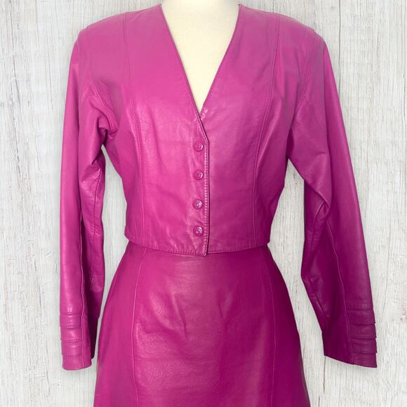 Vintage 80s Yucatan Bay Pink 2 Piece Leather Mini Skirt Jacket Matching Suit Set - Picture 5 of 14